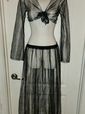Sheer Two-Piece Black Mesh Tie-Front Top and Maxi Skirt
